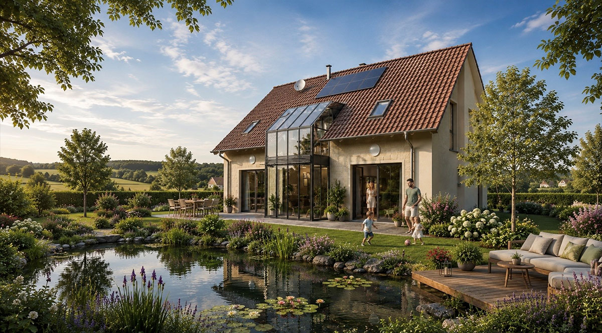 Einfamilienhaus mit Glasvorbau am Teich
